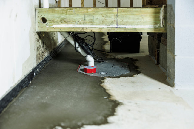 Subfloor drainage basin with heavy duty sump pump installed